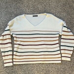 Cream Striped V-Neck Sweater